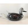 SCULTURA ANATRA PAPERA VETRO MURANO SOMMERSO NERO FOGLIA ARGENTO 32x15 cm/h '60