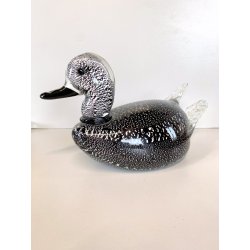 SCULTURA ANATRA PAPERA VETRO MURANO SOMMERSO NERO FOGLIA ARGENTO 32x15 cm/h '60