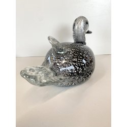 SCULTURA ANATRA PAPERA VETRO MURANO SOMMERSO NERO FOGLIA ARGENTO 32x15 cm/h '60