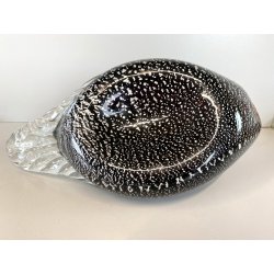 SCULTURA ANATRA PAPERA VETRO MURANO SOMMERSO NERO FOGLIA ARGENTO 32x15 cm/h '60