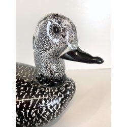 SCULTURA ANATRA PAPERA VETRO MURANO SOMMERSO NERO FOGLIA ARGENTO 32x15 cm/h '60