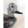 SCULTURA ANATRA PAPERA VETRO MURANO SOMMERSO NERO FOGLIA ARGENTO 32x15 cm/h '60