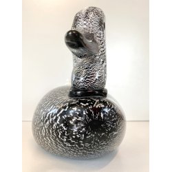 SCULTURA ANATRA PAPERA VETRO MURANO SOMMERSO NERO FOGLIA ARGENTO 32x15 cm/h '60