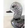 SCULTURA ANATRA PAPERA VETRO MURANO SOMMERSO NERO FOGLIA ARGENTO 32x15 cm/h '60