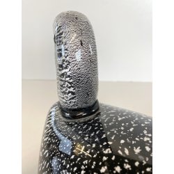 SCULTURA ANATRA PAPERA VETRO MURANO SOMMERSO NERO FOGLIA ARGENTO 32x15 cm/h '60