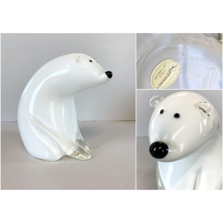 RARA SCULTURA ORSO POLARE La Murrina VETRO MURANO PIENO BIANCO h18cm FIRMATO '70