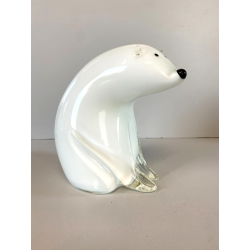 RARA SCULTURA ORSO POLARE La Murrina VETRO MURANO PIENO BIANCO h18cm FIRMATO '70