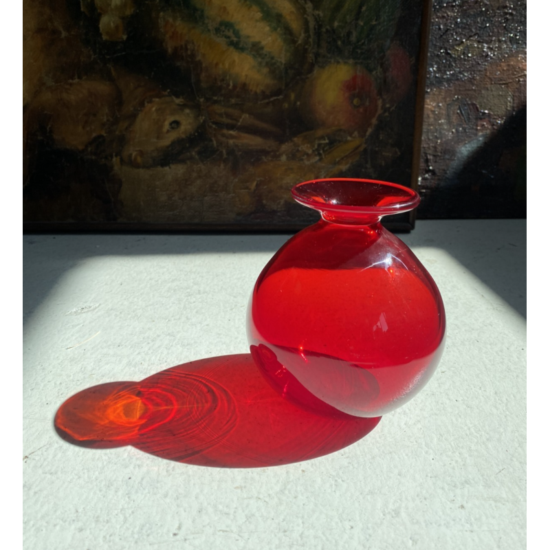 VASO VETRO MURANO SOFFIATO ROSSO RUBINO DESIGN Marcello Furlan '90 FIRMATO h13cm