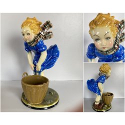 SCULTURA CERAMICA SMALTO POLICROMO COLAGGIO BIMBA COLPO DI VENTO ART DECò