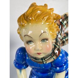SCULTURA CERAMICA SMALTO POLICROMO COLAGGIO BIMBA COLPO DI VENTO ART DECò