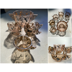 SET DESSERT MACEDONIA 6 Pz BOWL COPPETTE VETRO COLOR PESCA DECORO ARGENTO