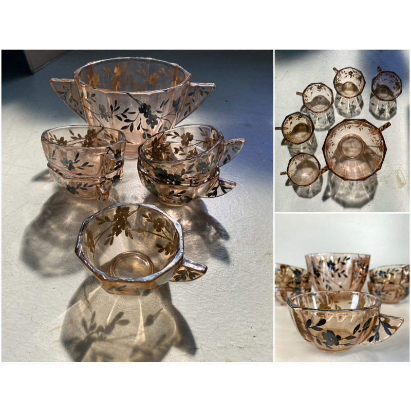 SET DESSERT MACEDONIA 6 Pz BOWL COPPETTE VETRO COLOR PESCA DECORO ARGENTO