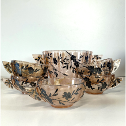 SET DESSERT MACEDONIA 6 Pz BOWL COPPETTE VETRO COLOR PESCA DECORO ARGENTO