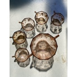 SET DESSERT MACEDONIA 6 Pz BOWL COPPETTE VETRO COLOR PESCA DECORO ARGENTO