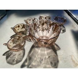 SET DESSERT MACEDONIA 6 Pz BOWL COPPETTE VETRO COLOR PESCA DECORO ARGENTO
