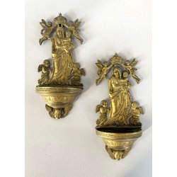 COPPIA ACQUASANTIERA PARETE MADONNA INCORONATA GESù BAMBINO PUTTI OTTONE EPOCA