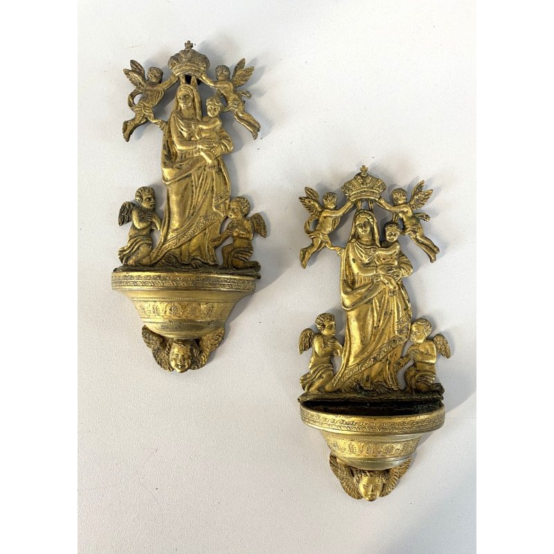 COPPIA ACQUASANTIERA PARETE MADONNA INCORONATA GESù BAMBINO PUTTI OTTONE EPOCA