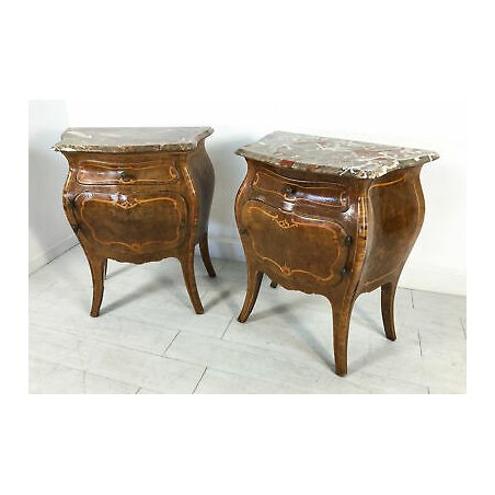 ANTICA COPPIA COMODINO RADICA NOCE STILE BAROCCO INTARSIATO LEGNO MARMO 1900