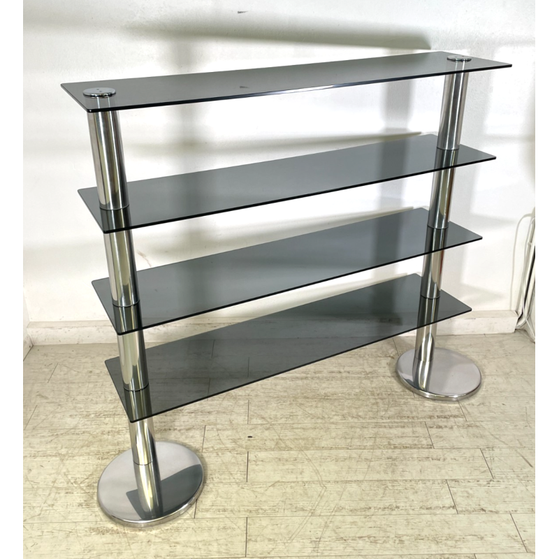 LIBRERIA DESIGN ITALIANO METALLO CROMATO ANNI 60 4 RIPIANI VETRO FUME VINTAGE