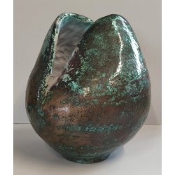 VASO a GEMMA Ceramica Raku EPOCA 900 Smalto Effetto Metallo VERDE RAME Old Vase