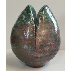 VASO a GEMMA Ceramica Raku EPOCA 900 Smalto Effetto Metallo VERDE RAME Old Vase