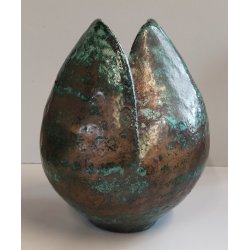 VASO a GEMMA Ceramica Raku EPOCA 900 Smalto Effetto Metallo VERDE RAME Old Vase