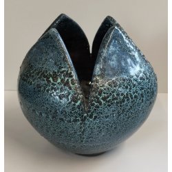 VASO a PETALO Ceramica Raku EPOCA 900 Fat Lava Craquelé VERDE PETROLIO Old Vase