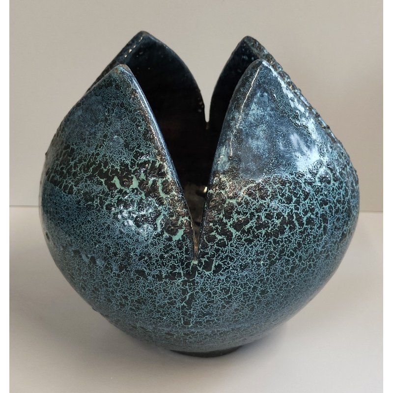 VASO a PETALO Ceramica Raku EPOCA 900 Fat Lava Craquelé VERDE PETROLIO Old Vase