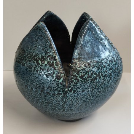 VASO a PETALO Ceramica Raku EPOCA 900 Fat Lava Craquelé VERDE PETROLIO Old Vase
