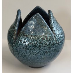 VASO a PETALO Ceramica Raku EPOCA 900 Fat Lava Craquelé VERDE PETROLIO Old Vase