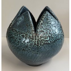 VASO a PETALO Ceramica Raku EPOCA 900 Fat Lava Craquelé VERDE PETROLIO Old Vase