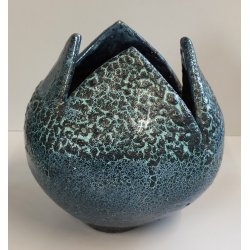 VASO a PETALO Ceramica Raku EPOCA 900 Fat Lava Craquelé VERDE PETROLIO Old Vase