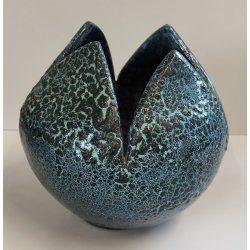 VASO a PETALO Ceramica Raku EPOCA 900 Fat Lava Craquelé VERDE PETROLIO Old Vase