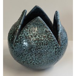 VASO a PETALO Ceramica Raku EPOCA 900 Fat Lava Craquelé VERDE PETROLIO Old Vase