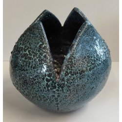 VASO a PETALO Ceramica Raku EPOCA 900 Fat Lava Craquelé VERDE PETROLIO Old Vase