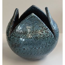 VASO a PETALO Ceramica Raku EPOCA 900 Fat Lava Craquelé VERDE PETROLIO Old Vase