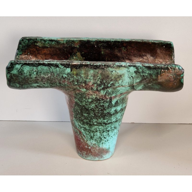 VASO a T BRUTALISTA Ceramica Raku EPOCA 900 Smalto Effetto Metallo VERDE RAME