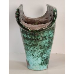 VASO a T BRUTALISTA Ceramica Raku EPOCA 900 Smalto Effetto Metallo VERDE RAME