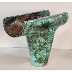 VASO a T BRUTALISTA Ceramica Raku EPOCA 900 Smalto Effetto Metallo VERDE RAME