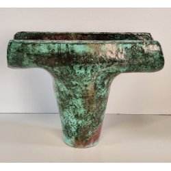 VASO a T BRUTALISTA Ceramica Raku EPOCA 900 Smalto Effetto Metallo VERDE RAME