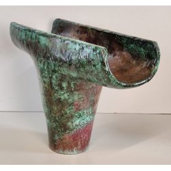VASO a T BRUTALISTA Ceramica Raku EPOCA 900 Smalto Effetto Metallo VERDE RAME
