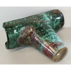 VASO a T BRUTALISTA Ceramica Raku EPOCA 900 Smalto Effetto Metallo VERDE RAME