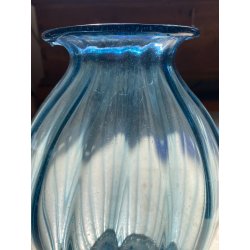 VASO VETRO Murano STILE Vittorio Zecchin AZZURRO COSTOLATO BOCCA ONDULATA 27cm/h
