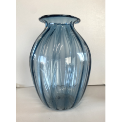 VASO VETRO Murano STILE Vittorio Zecchin AZZURRO COSTOLATO BOCCA ONDULATA 27cm/h