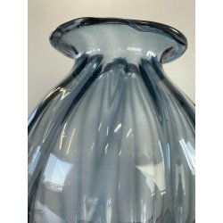 VASO VETRO Murano STILE Vittorio Zecchin AZZURRO COSTOLATO BOCCA ONDULATA 27cm/h