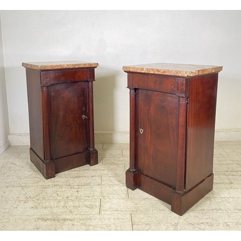 ANTICA COPPIA COMODINO IMPERO LEGNO NOCE MARMO 1800 EPOCA COMODINI NAPOLEONE III