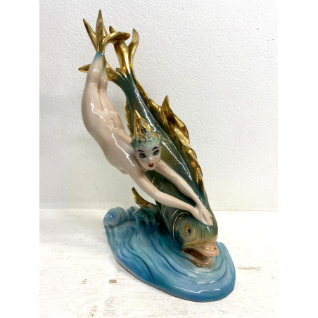 FIGURA CERAMICA SIRENA con PESCE 111 V.B.C.M. SMALTO POLICROMO COLAGGIO ART DECò