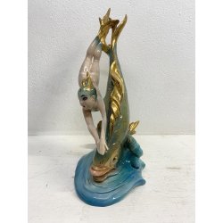 FIGURA CERAMICA SIRENA con PESCE 111 V.B.C.M. SMALTO POLICROMO COLAGGIO ART DECò