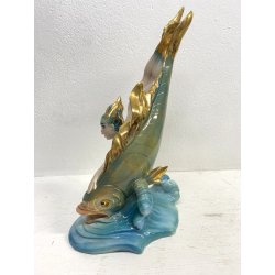 FIGURA CERAMICA SIRENA con PESCE 111 V.B.C.M. SMALTO POLICROMO COLAGGIO ART DECò