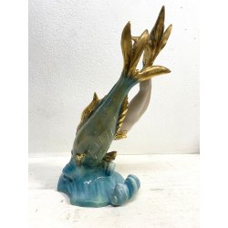 FIGURA CERAMICA SIRENA con PESCE 111 V.B.C.M. SMALTO POLICROMO COLAGGIO ART DECò